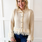 Knit Collared Fringe Cardigan - Ivory
