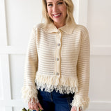 Knit Collared Fringe Cardigan - Ivory