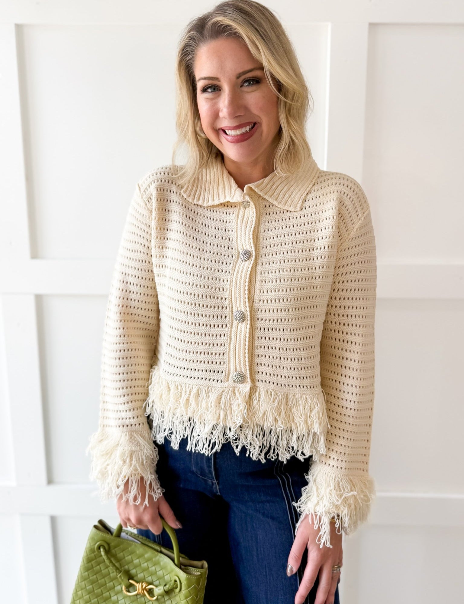 Knit Collared Fringe Cardigan - Ivory