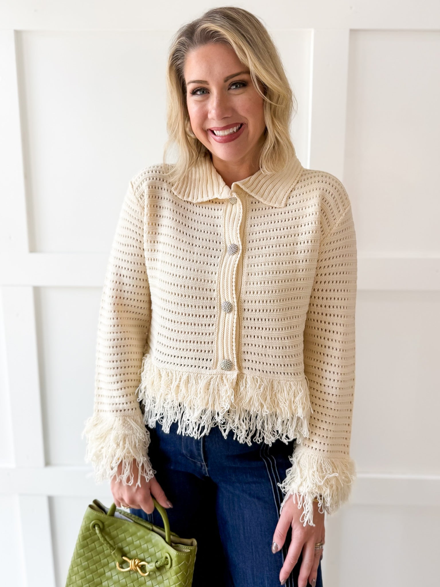 Knit Collared Fringe Cardigan - Ivory