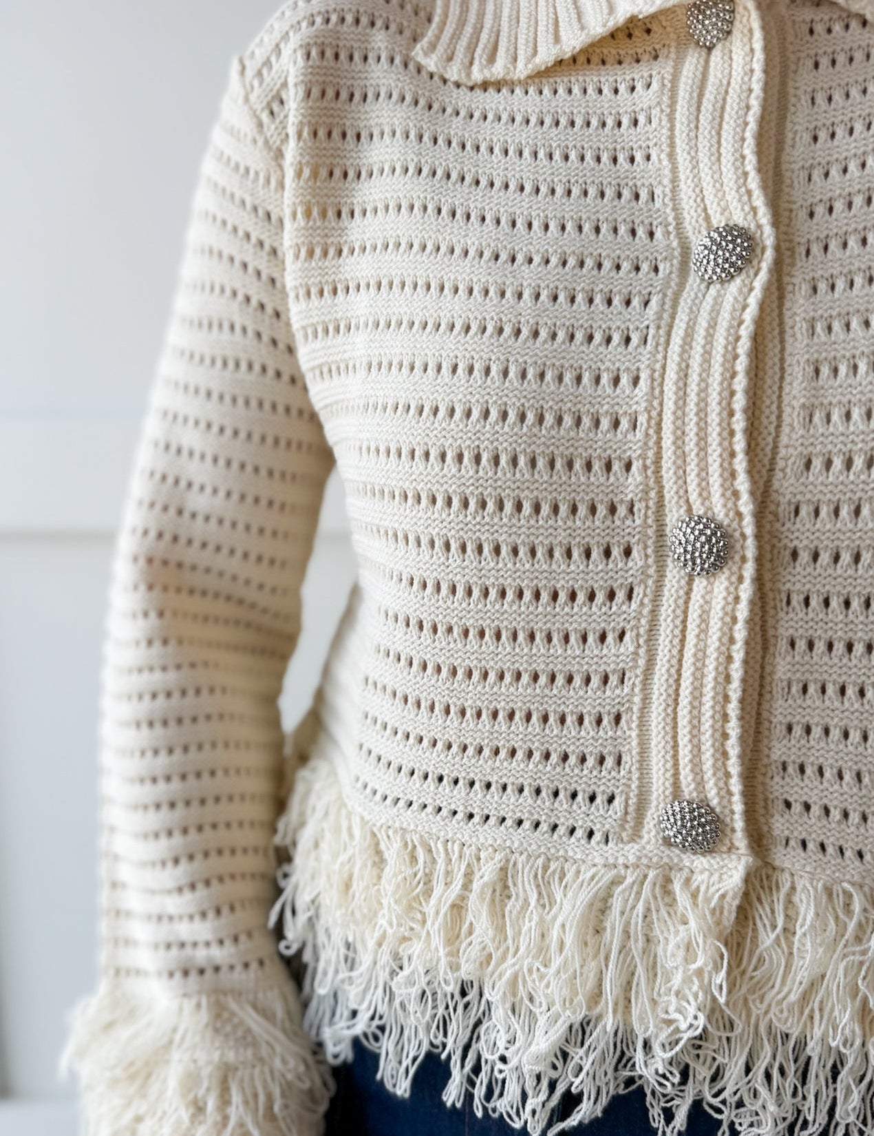 Knit Collared Fringe Cardigan - Ivory