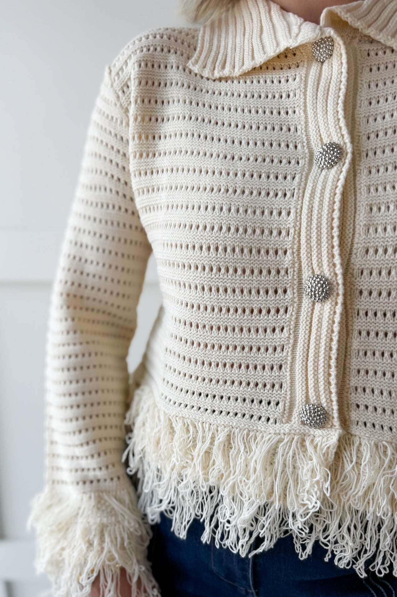 Knit Collared Fringe Cardigan - Ivory