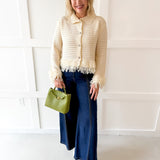 Knit Collared Fringe Cardigan - Ivory