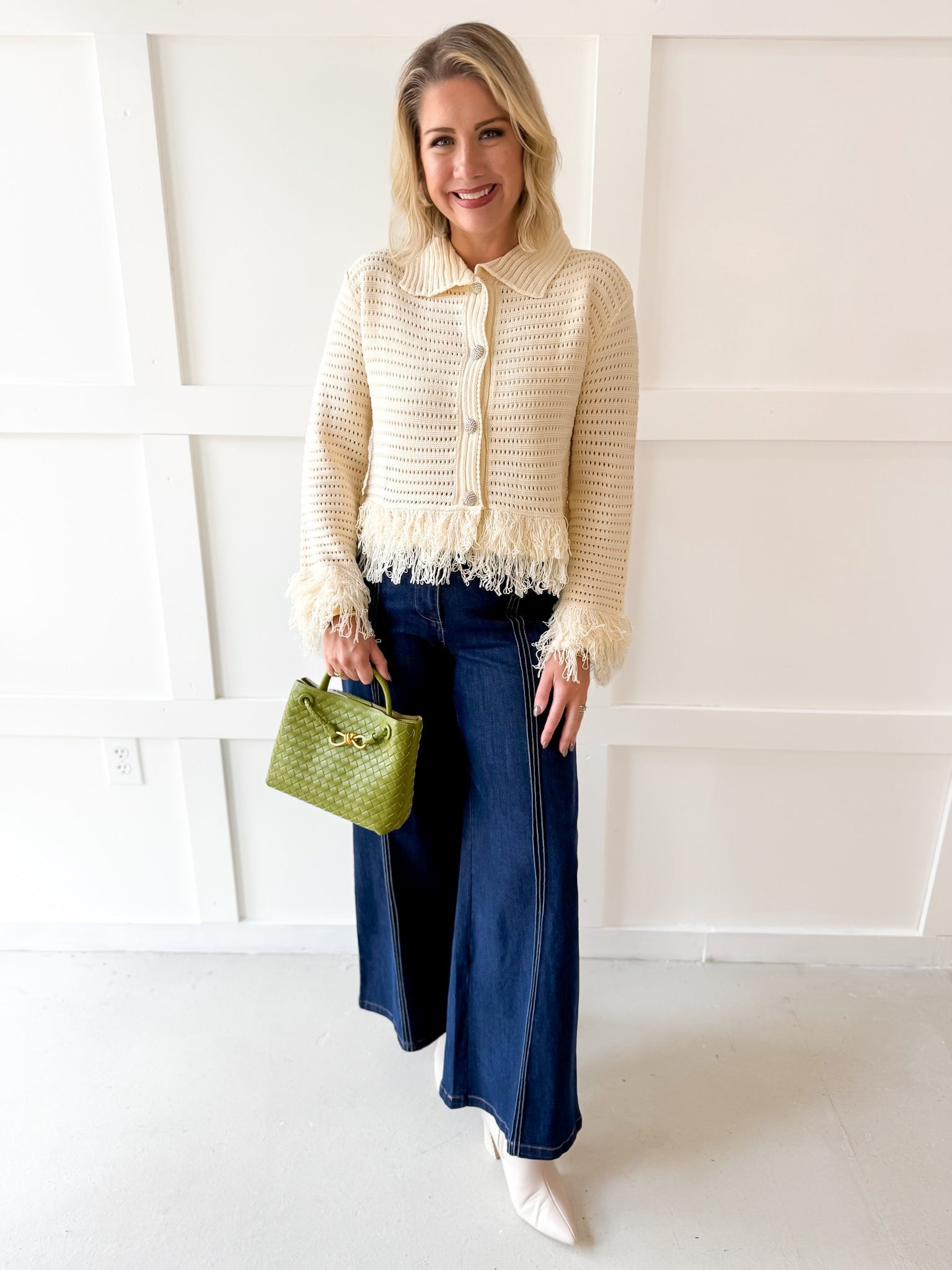 Knit Collared Fringe Cardigan - Ivory