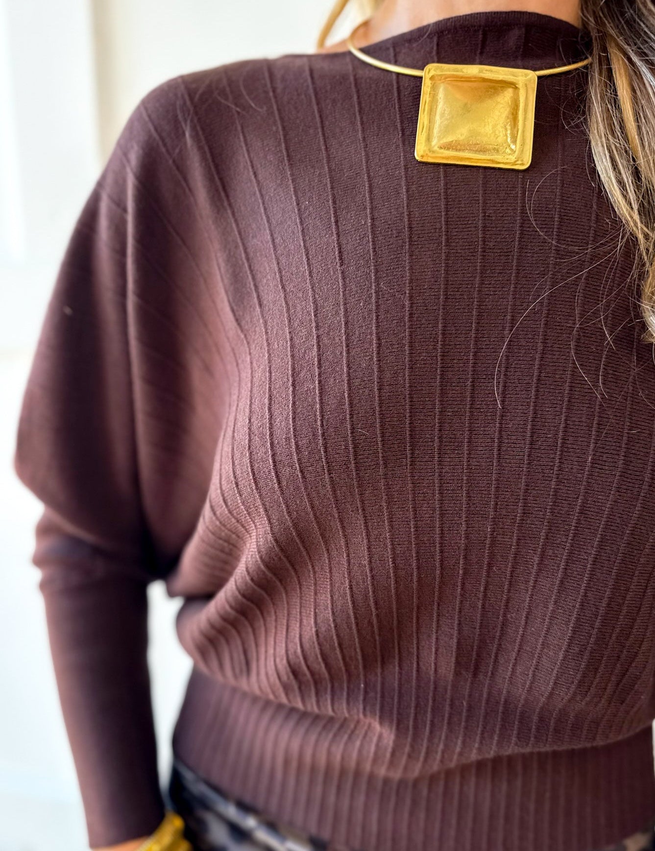 Knit Dolman Fanned Sweater- Brown
