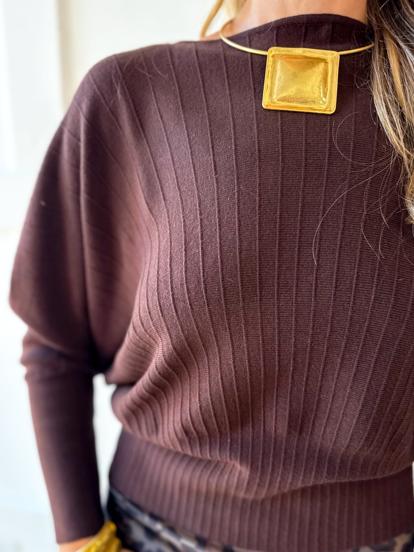 Knit Dolman Fanned Sweater- Brown