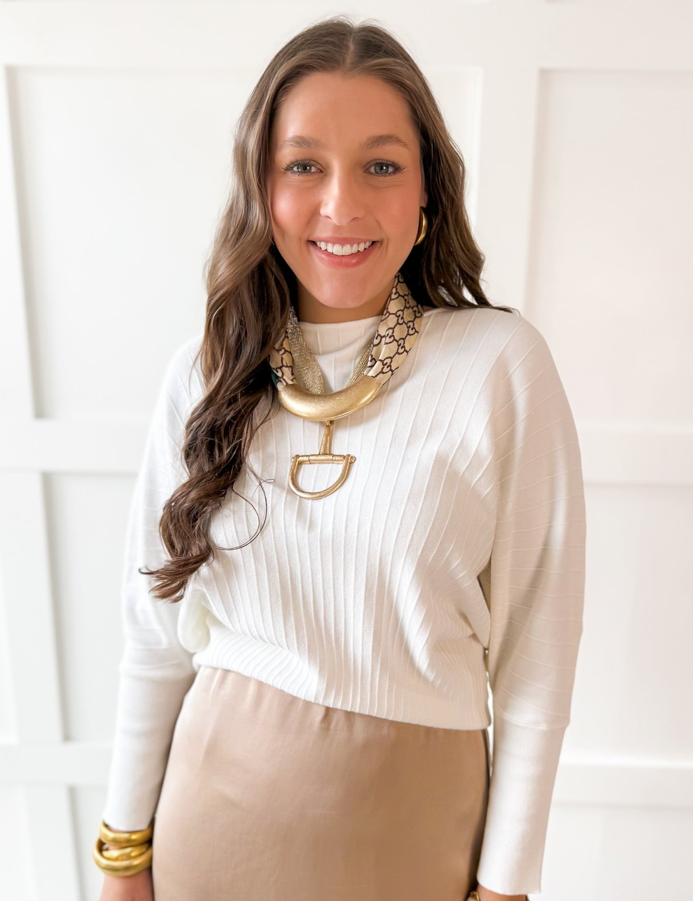 Knit Dolman Fanned Sweater- White