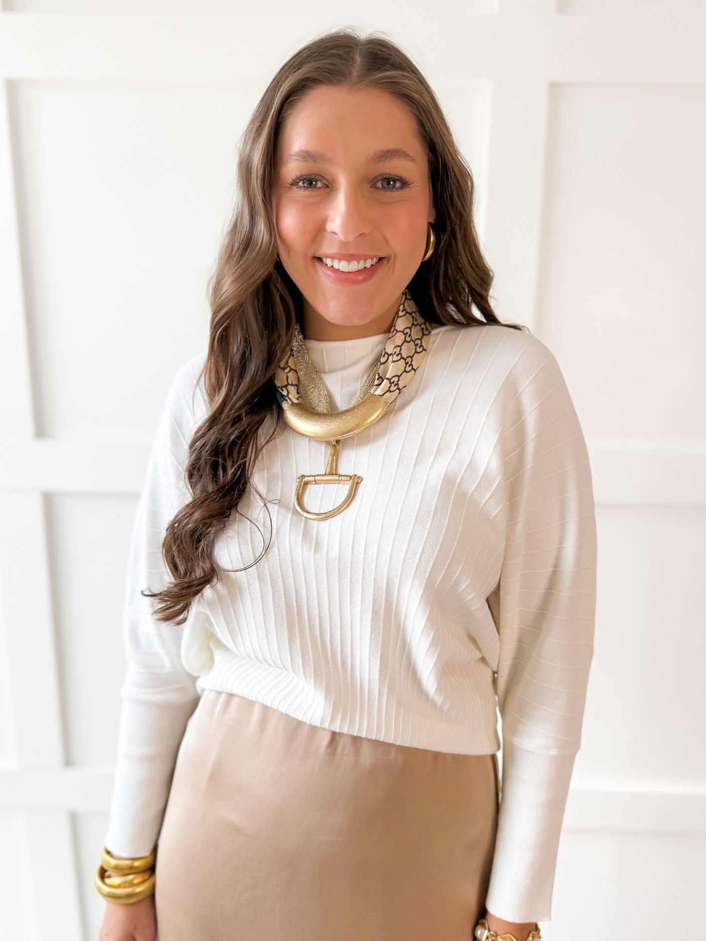 Knit Dolman Fanned Sweater- White