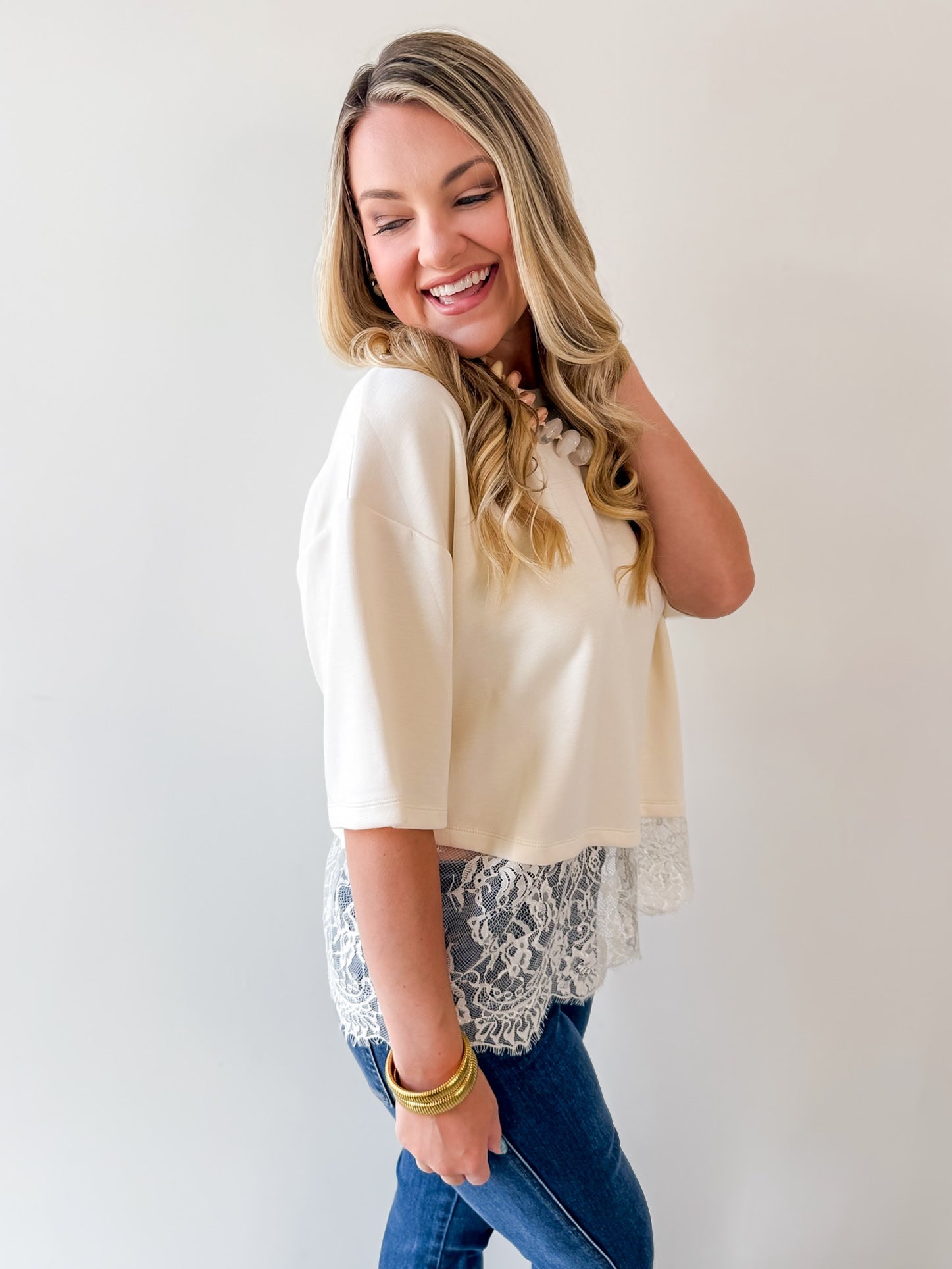 Knit Top with Scallop Lace Hem- Ecru