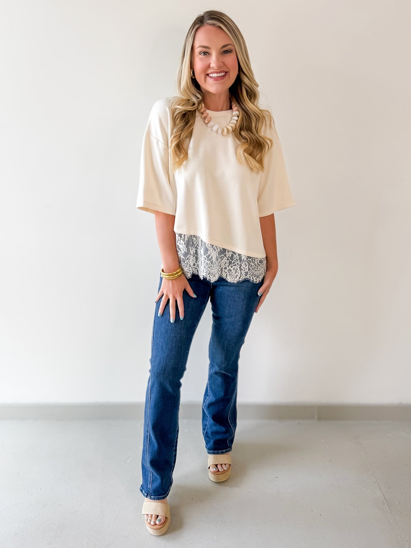 Knit Top with Scallop Lace Hem- Ecru