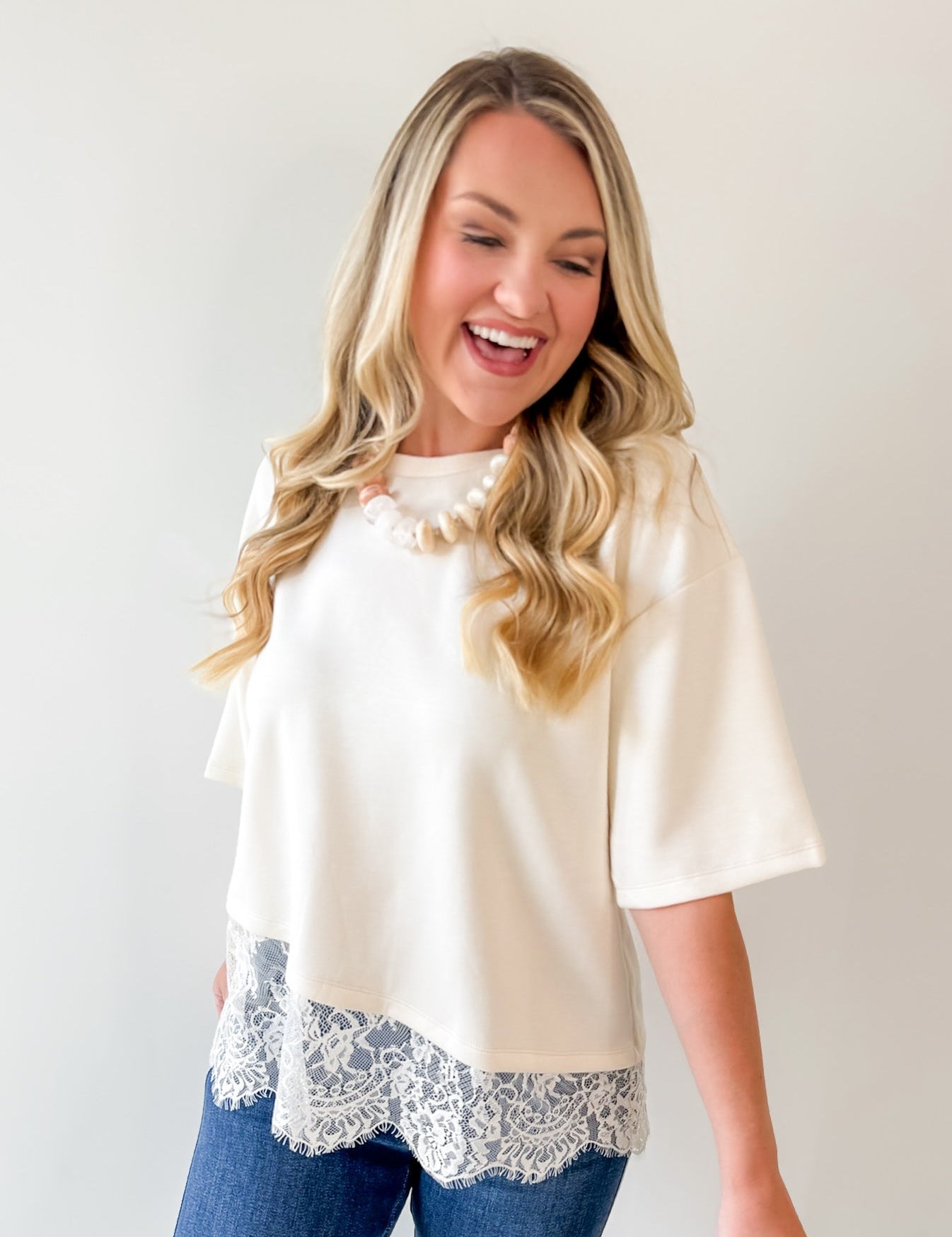 Knit Top with Scallop Lace Hem- Ecru