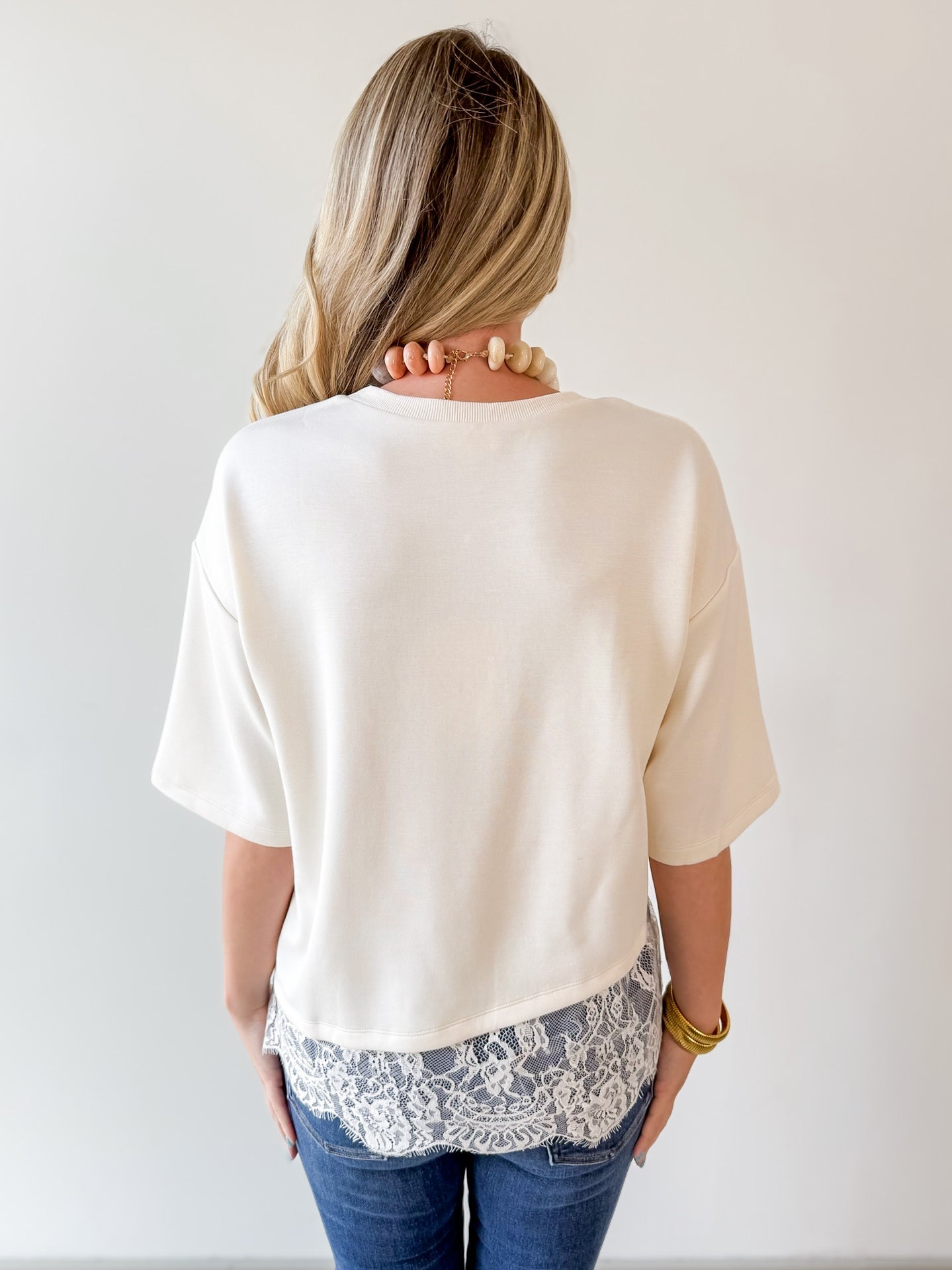 Knit Top with Scallop Lace Hem- Ecru
