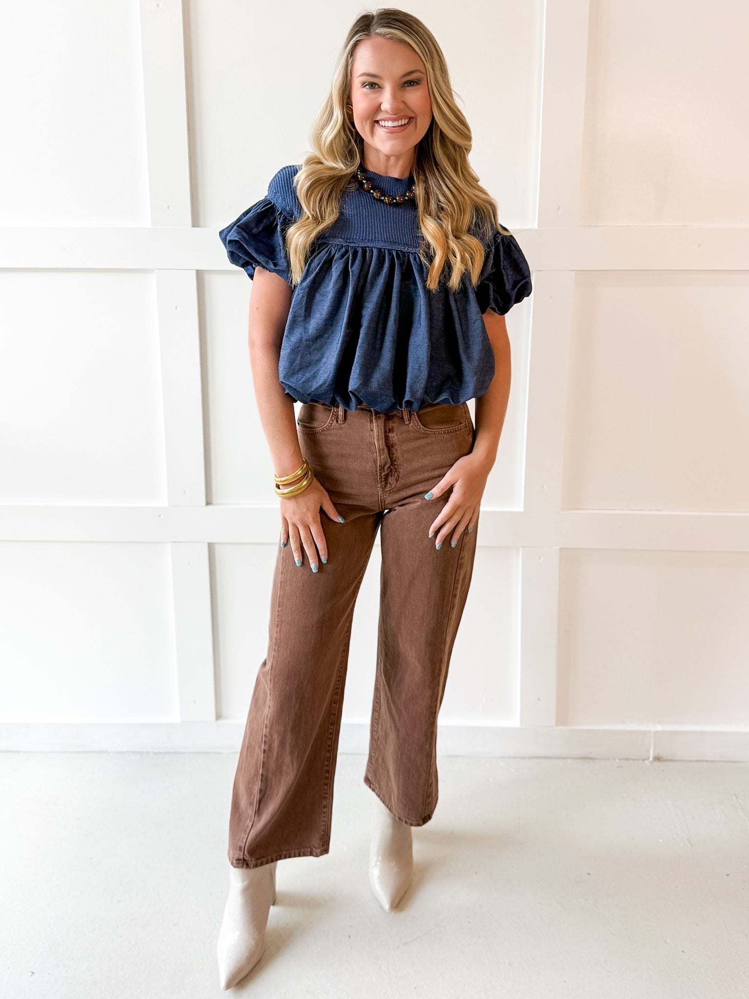 Knit Yoke Denim Bubble Top - Denim