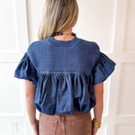 Knit Yoke Denim Bubble Top - Denim