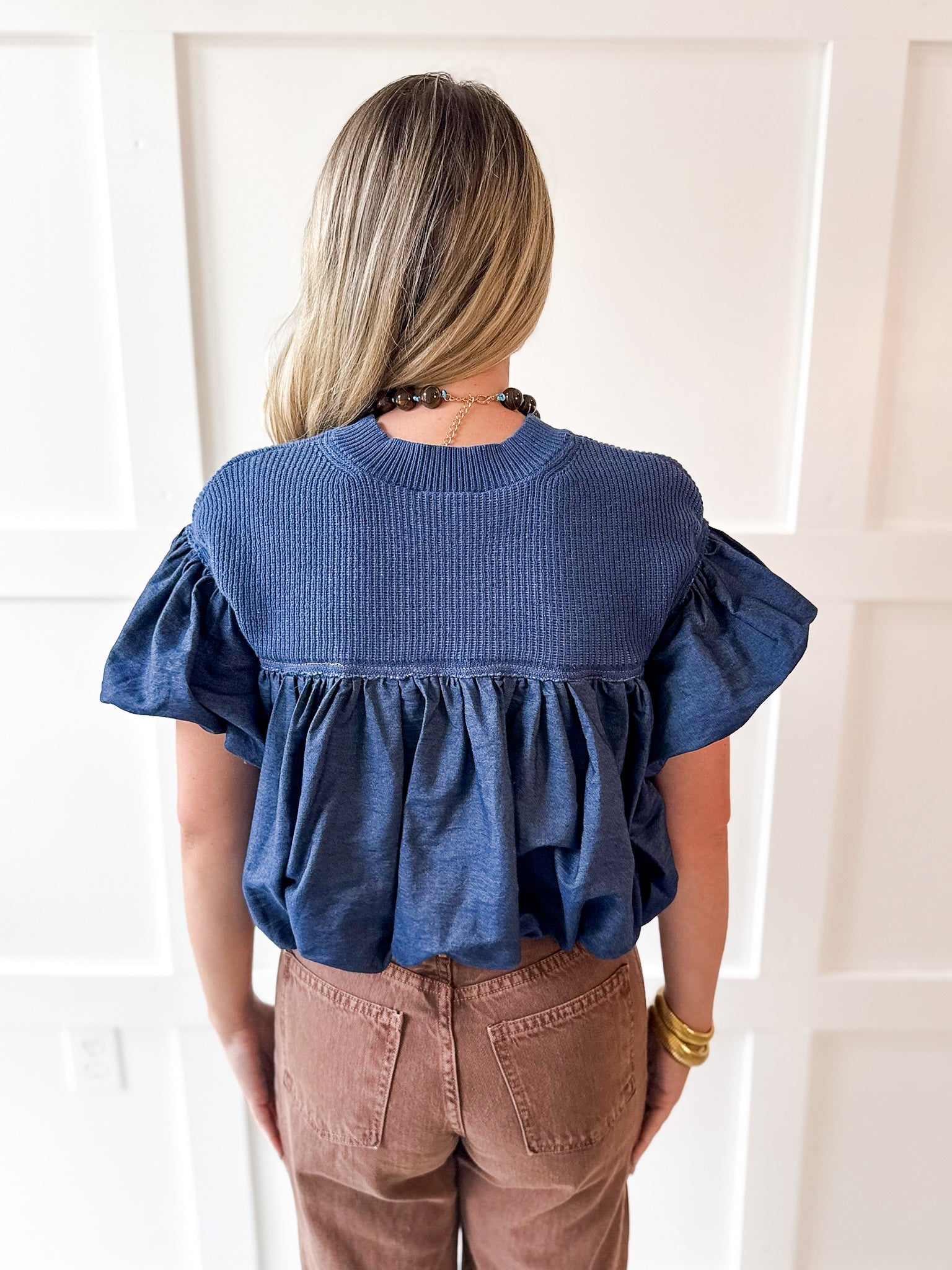 Knit Yoke Denim Bubble Top - Denim