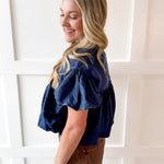 Knit Yoke Denim Bubble Top - Denim