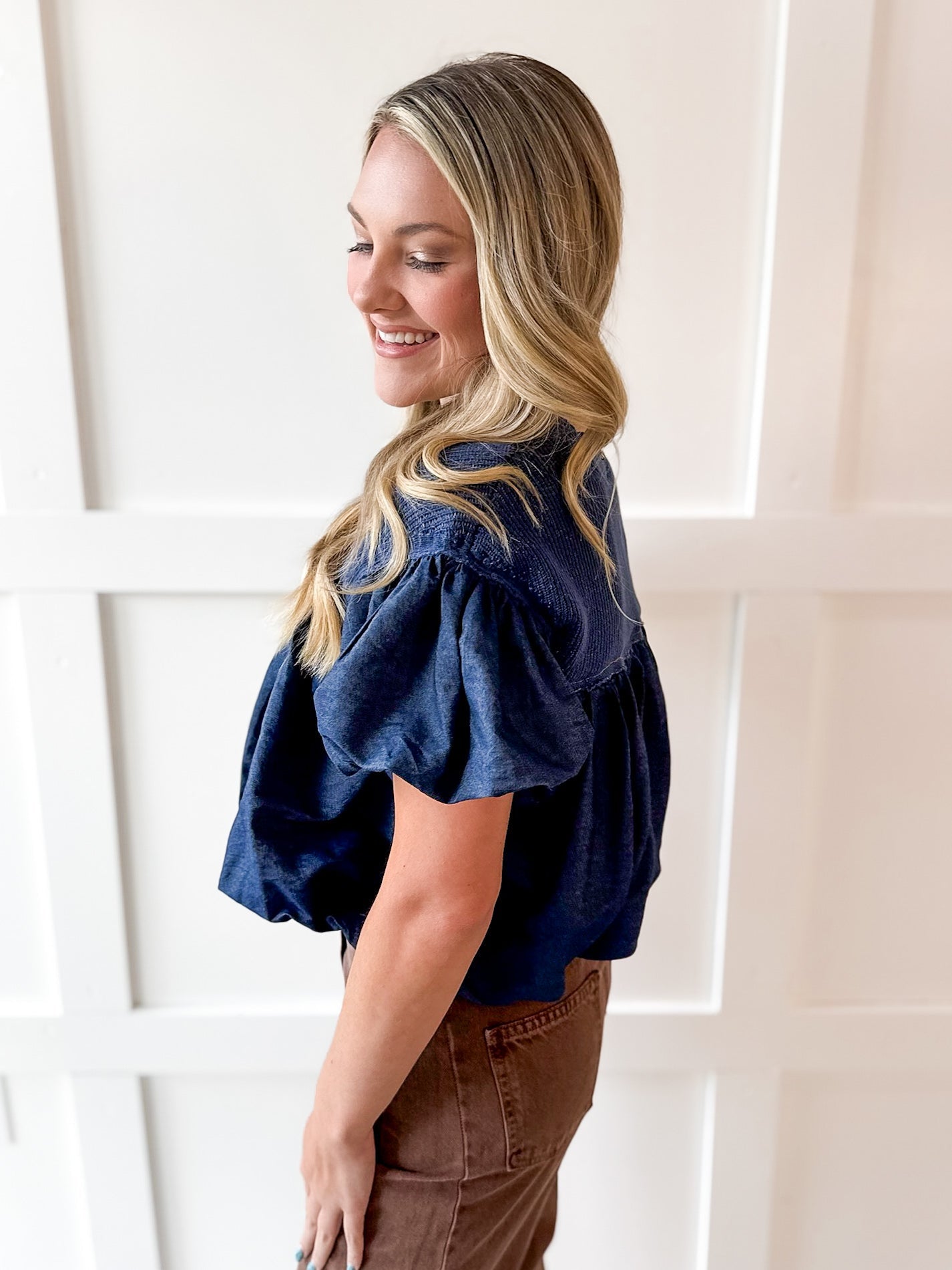 Knit Yoke Denim Bubble Top - Denim