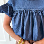 Knit Yoke Denim Bubble Top - Denim