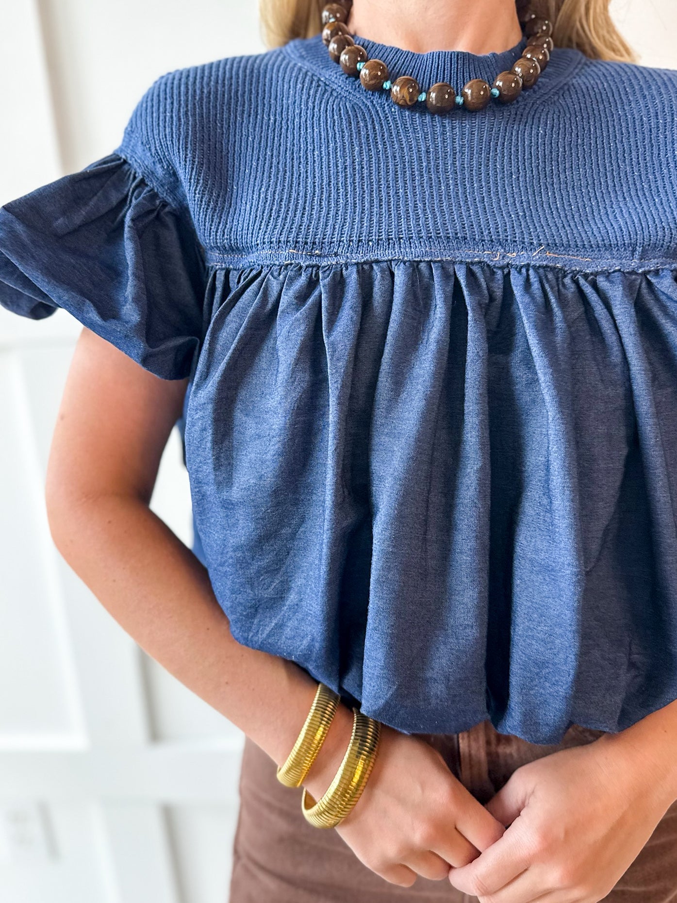 Knit Yoke Denim Bubble Top - Denim