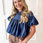 Knit Yoke Denim Bubble Top - Denim
