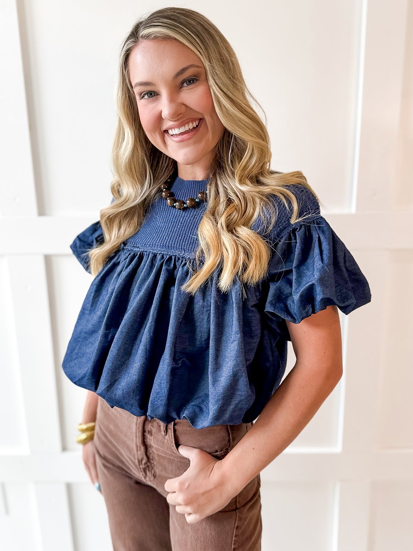 Knit Yoke Denim Bubble Top - Denim