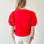 Lace Accent Puff Sleeve Top - Red