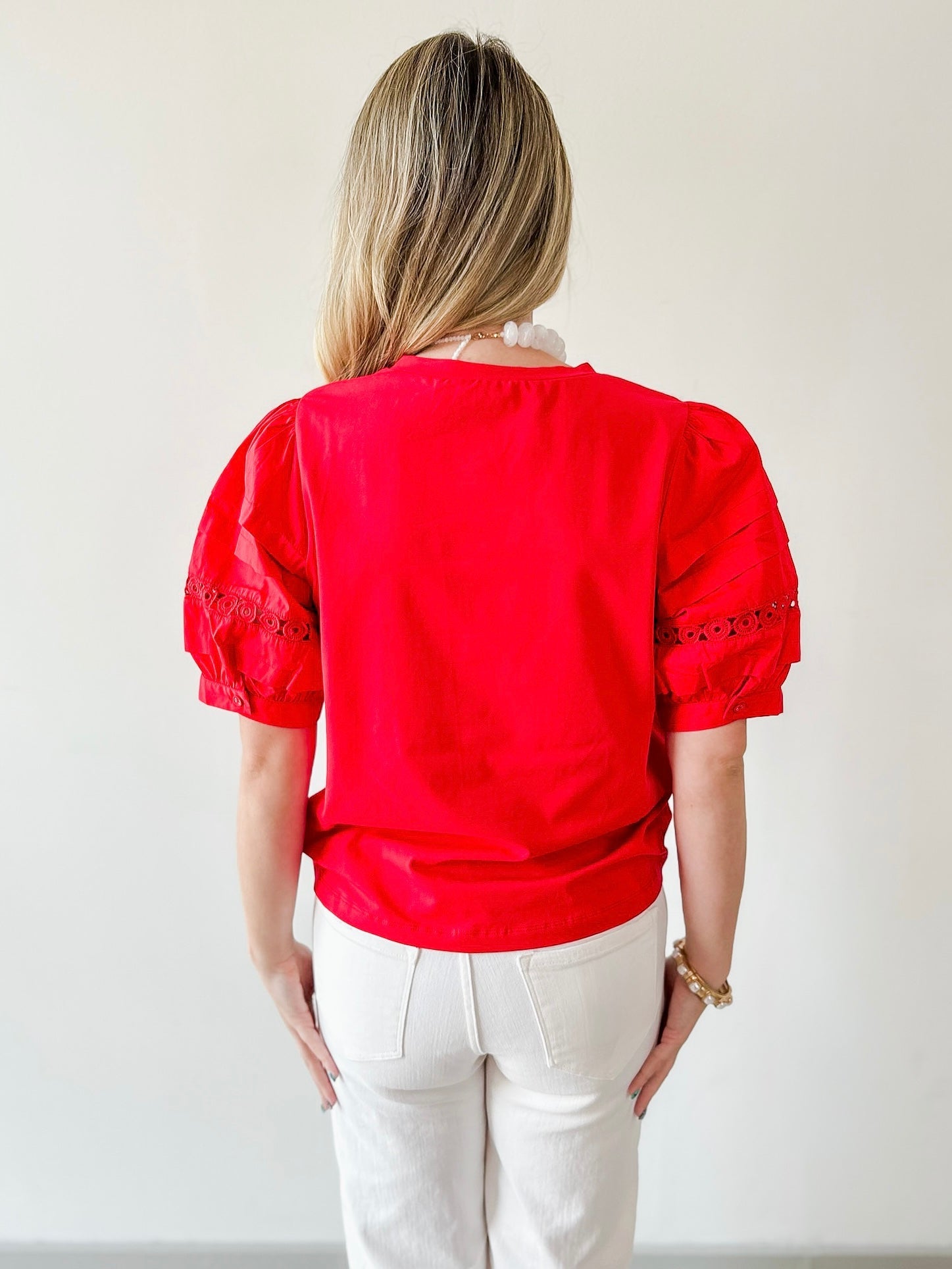 Lace Accent Puff Sleeve Top - Red