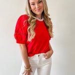 Lace Accent Puff Sleeve Top - Red