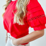 Lace Accent Puff Sleeve Top - Red
