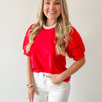 Lace Accent Puff Sleeve Top - Red