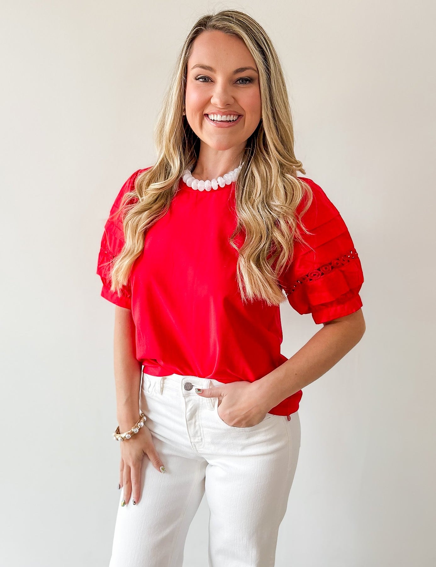 Lace Accent Puff Sleeve Top - Red