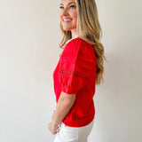 Lace Accent Puff Sleeve Top - Red