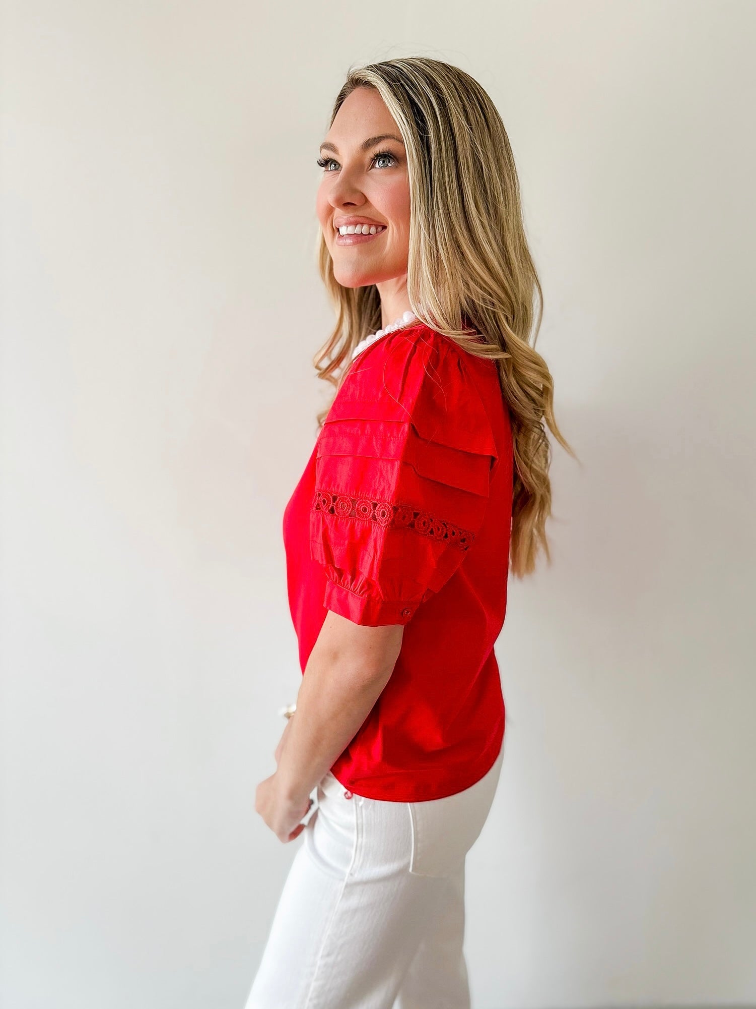 Lace Accent Puff Sleeve Top - Red