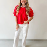 Lace Accent Puff Sleeve Top - Red