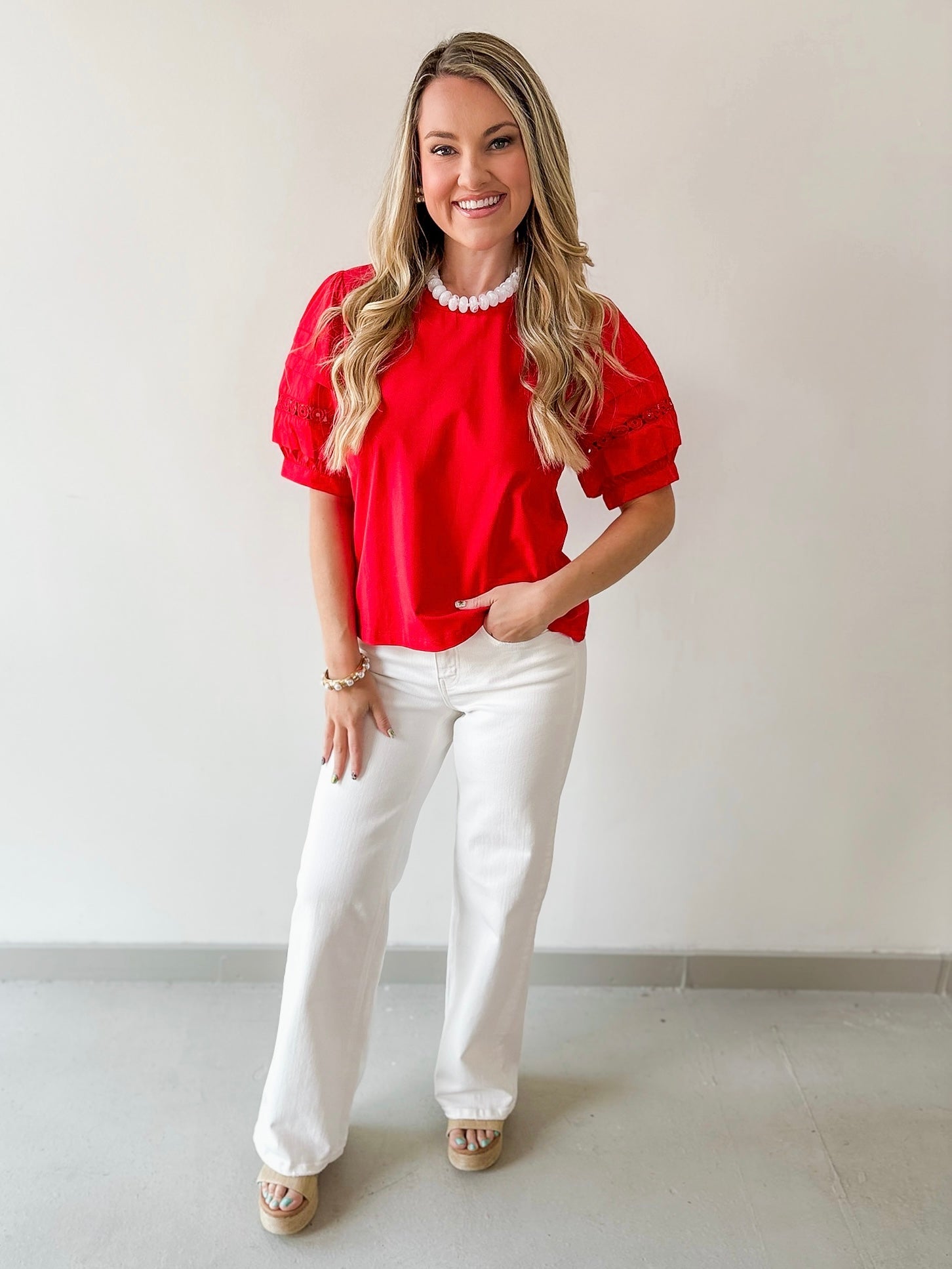 Lace Accent Puff Sleeve Top - Red