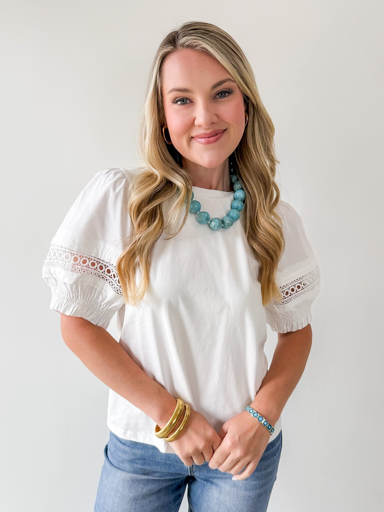 Lace Accent Puff SleeveTop - White