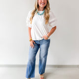 Lace Accent Puff SleeveTop - White