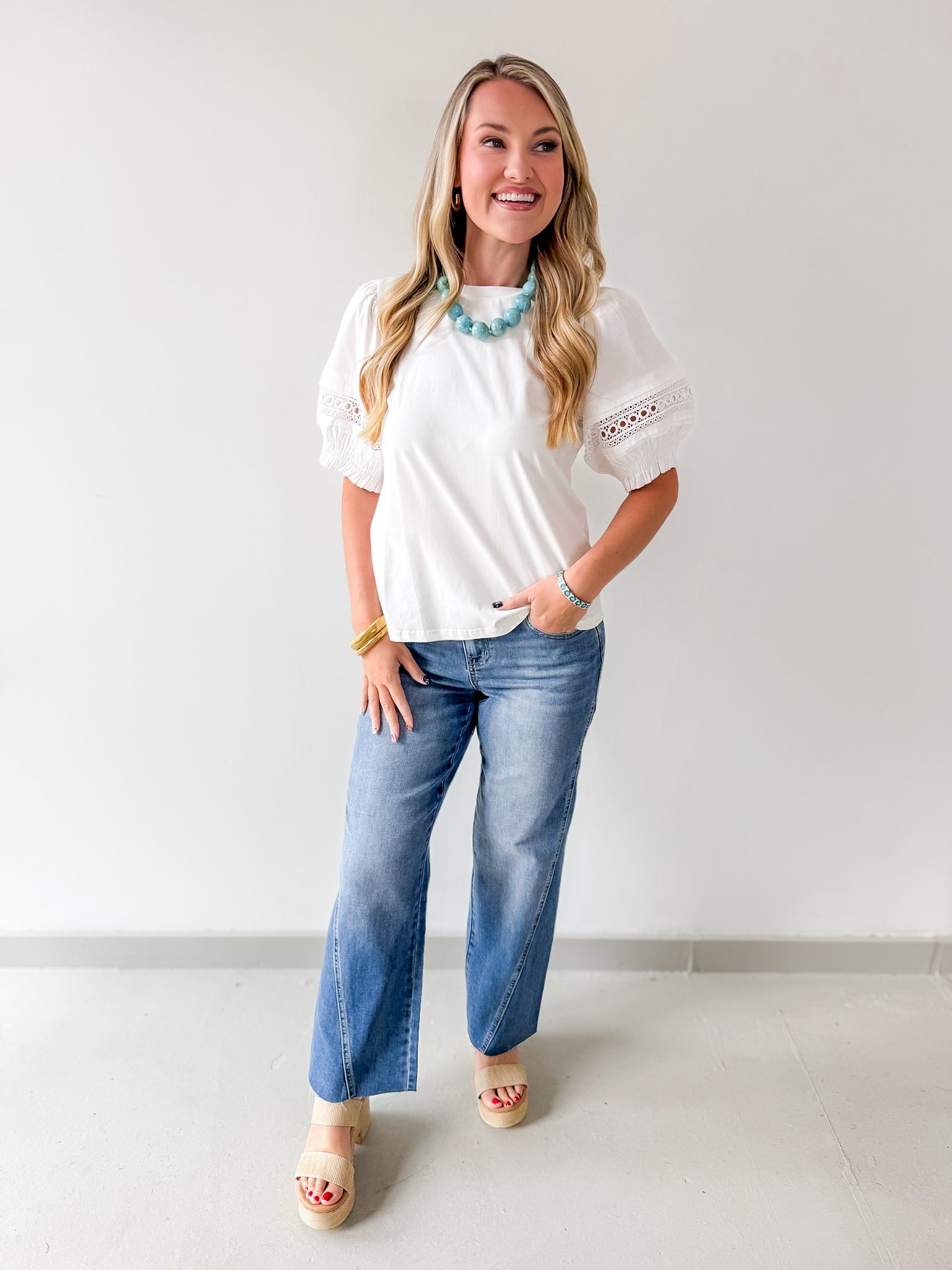 Lace Accent Puff SleeveTop - White