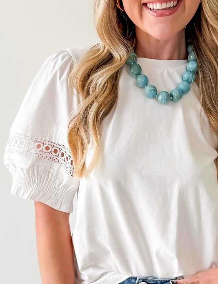 Lace Accent Puff SleeveTop - White