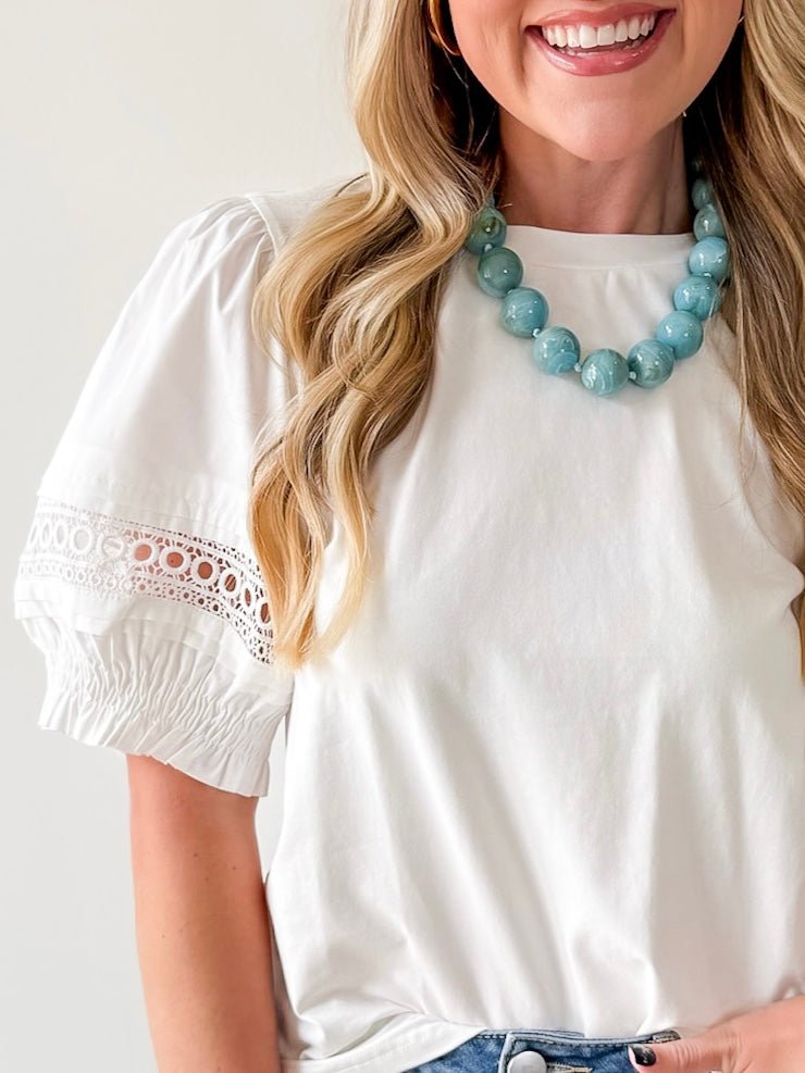 Lace Accent Puff SleeveTop - White