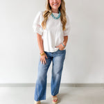 Lace Accent Puff SleeveTop - White