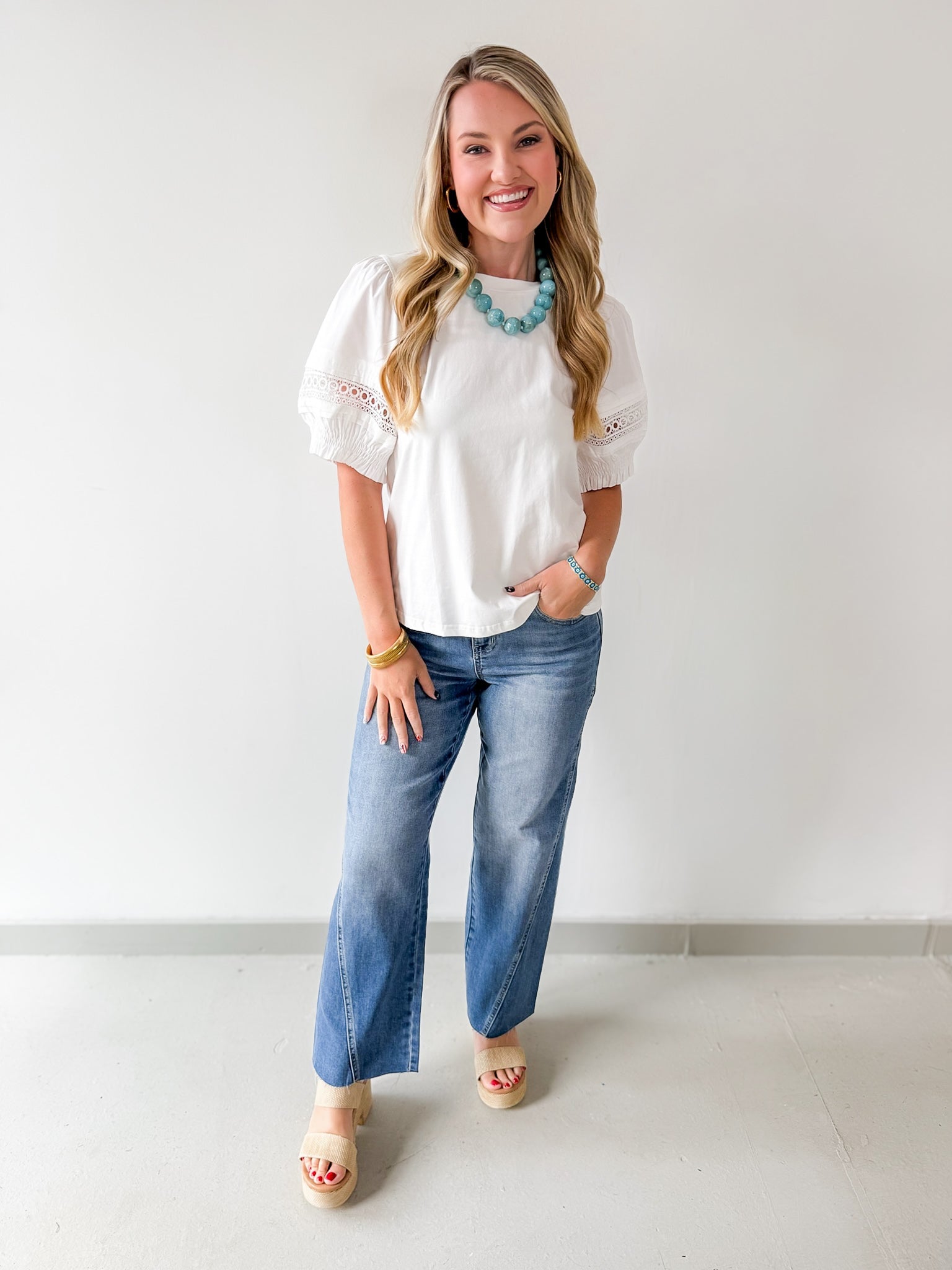 Lace Accent Puff SleeveTop - White