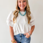 Lace Accent Puff SleeveTop - White