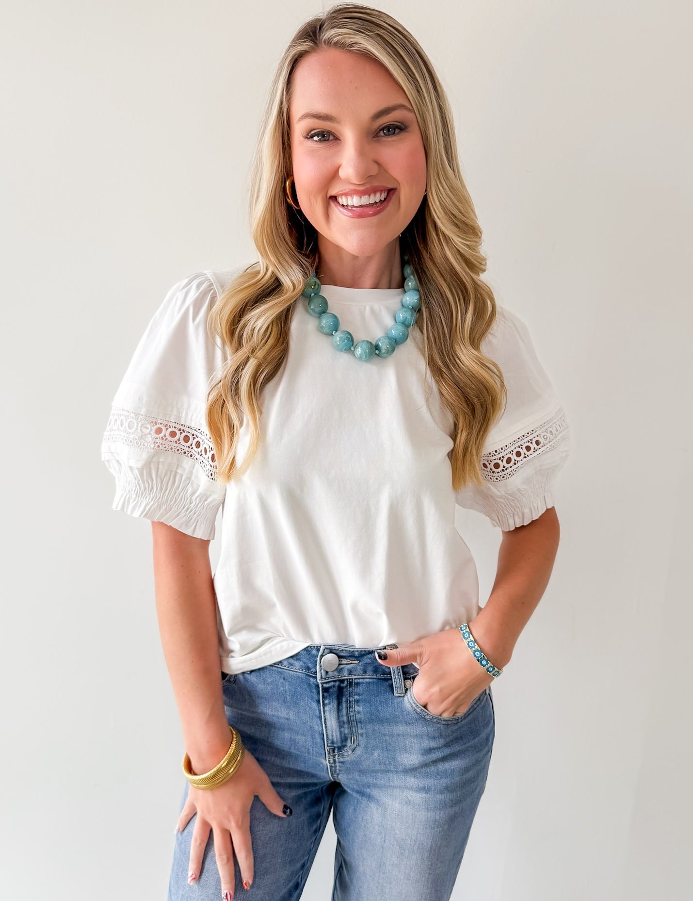 Lace Accent Puff SleeveTop - White
