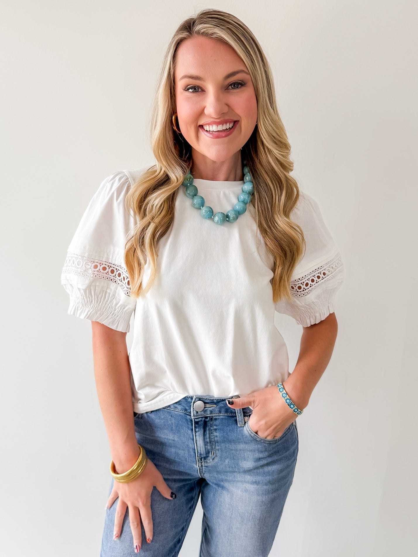 Lace Accent Puff SleeveTop - White