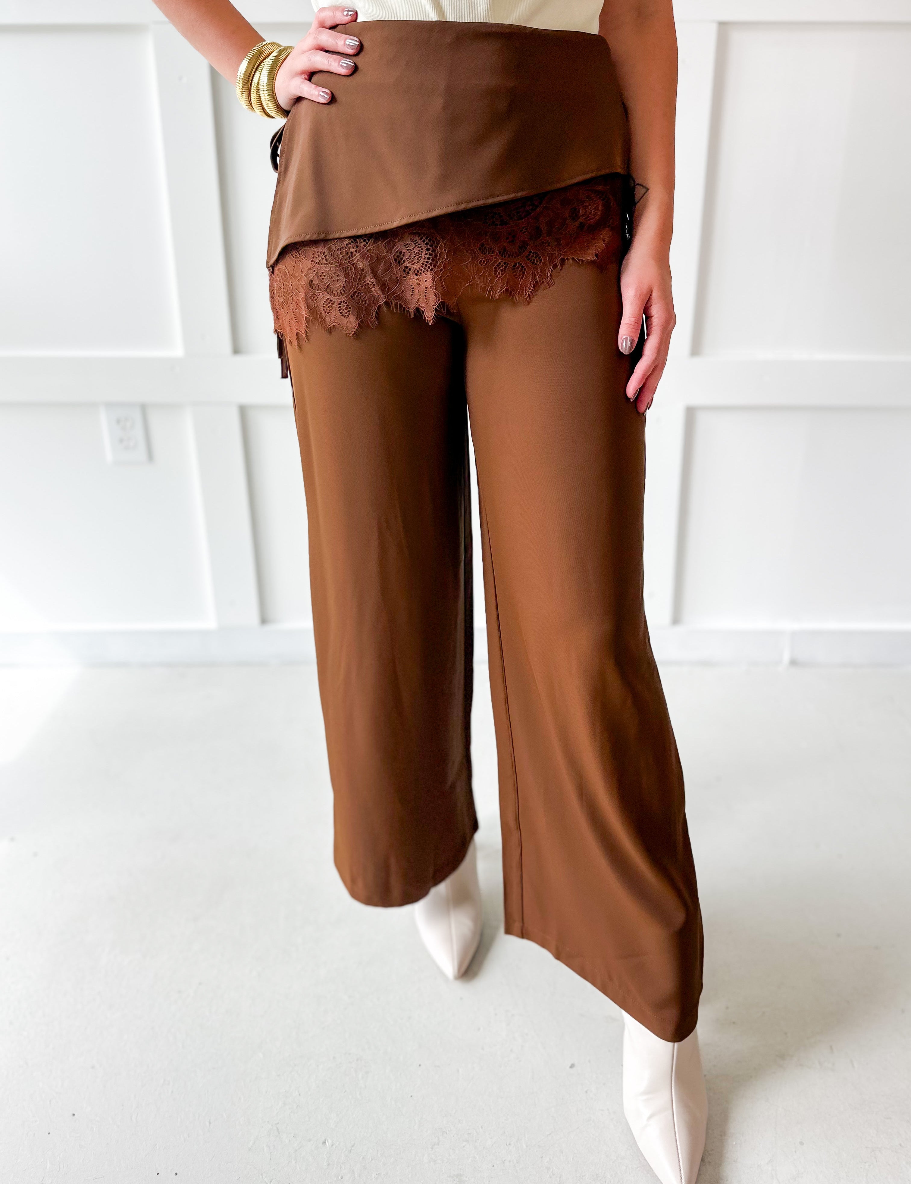 Lace Overlay Pants - Brown