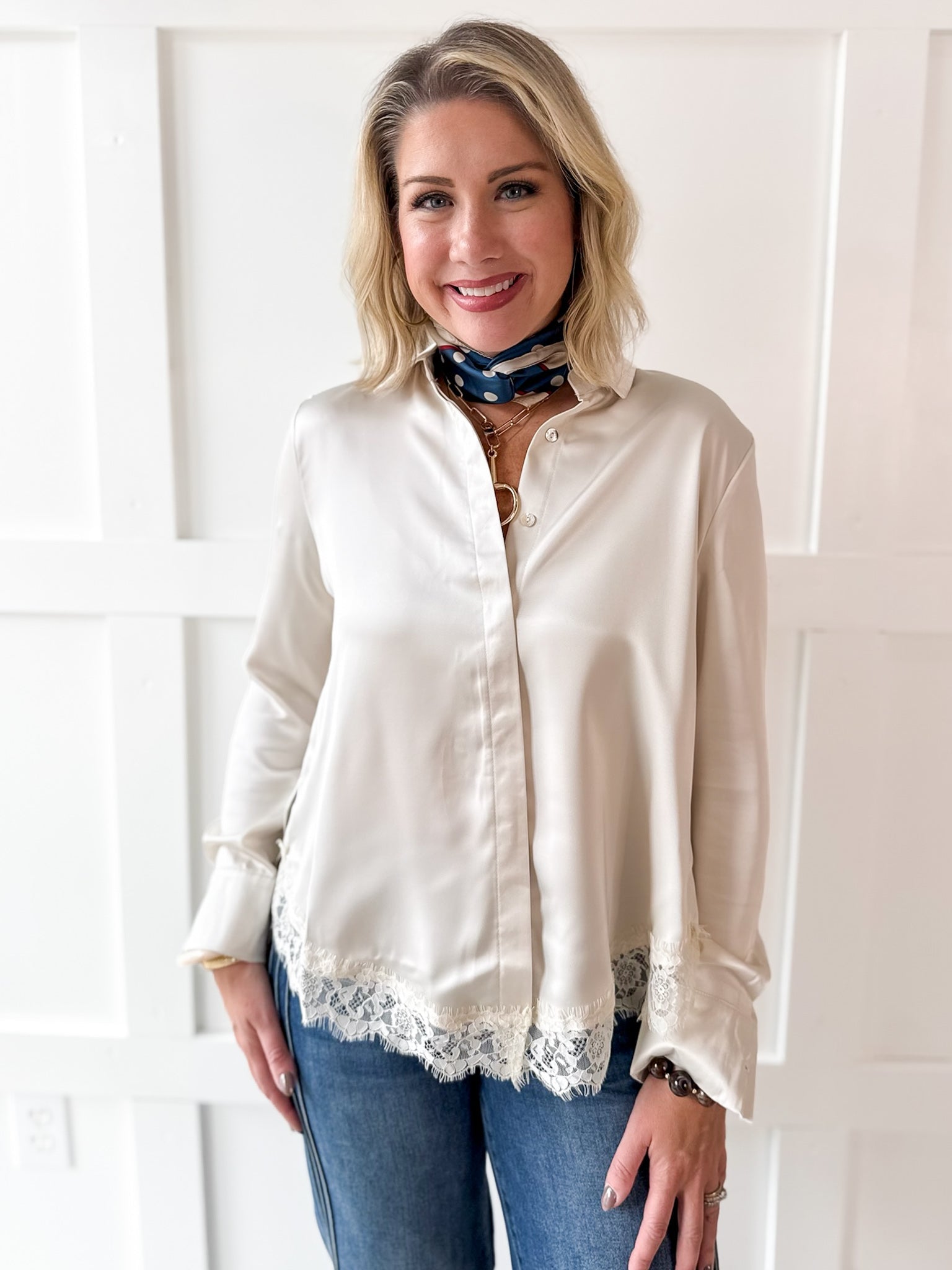 Lace Satin Effect Shirt- Ivory