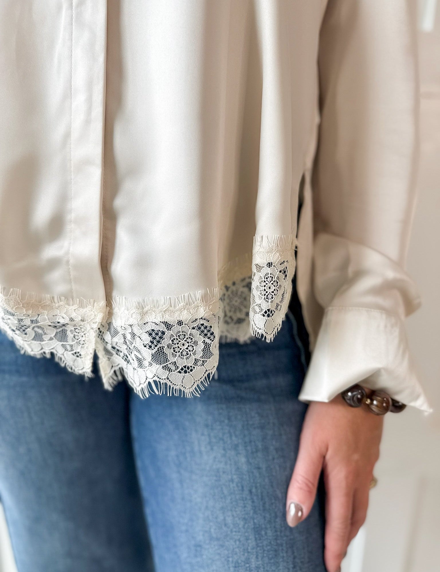 Lace Satin Effect Shirt- Ivory