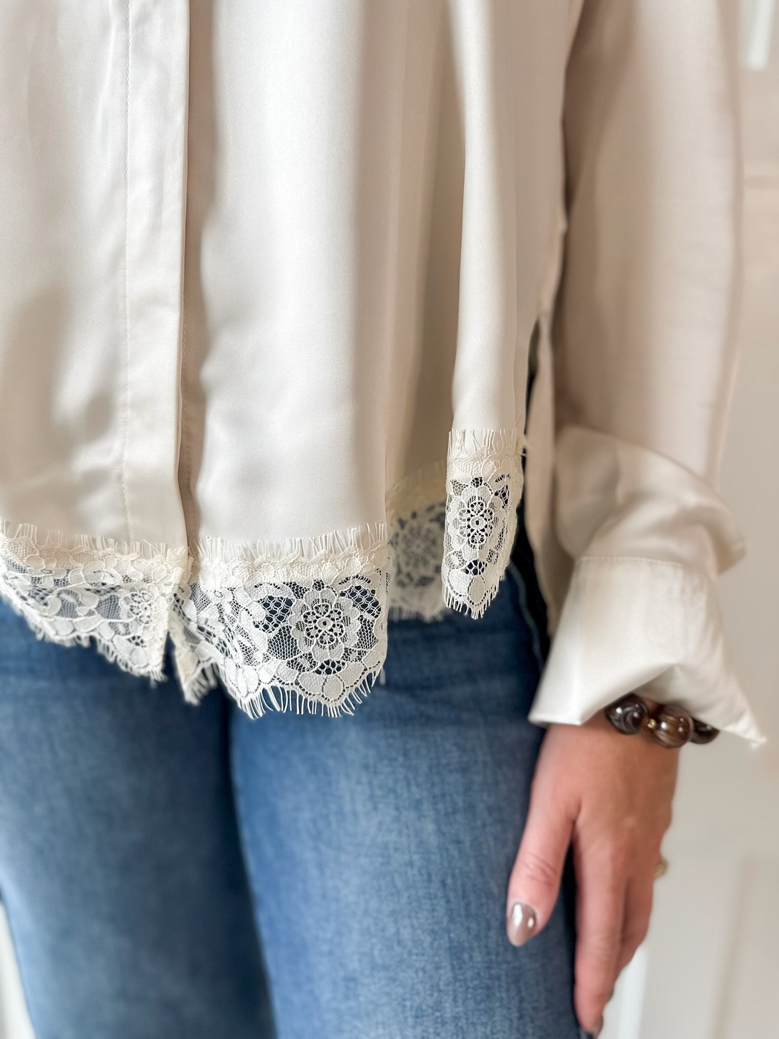 Lace Satin Effect Shirt- Ivory