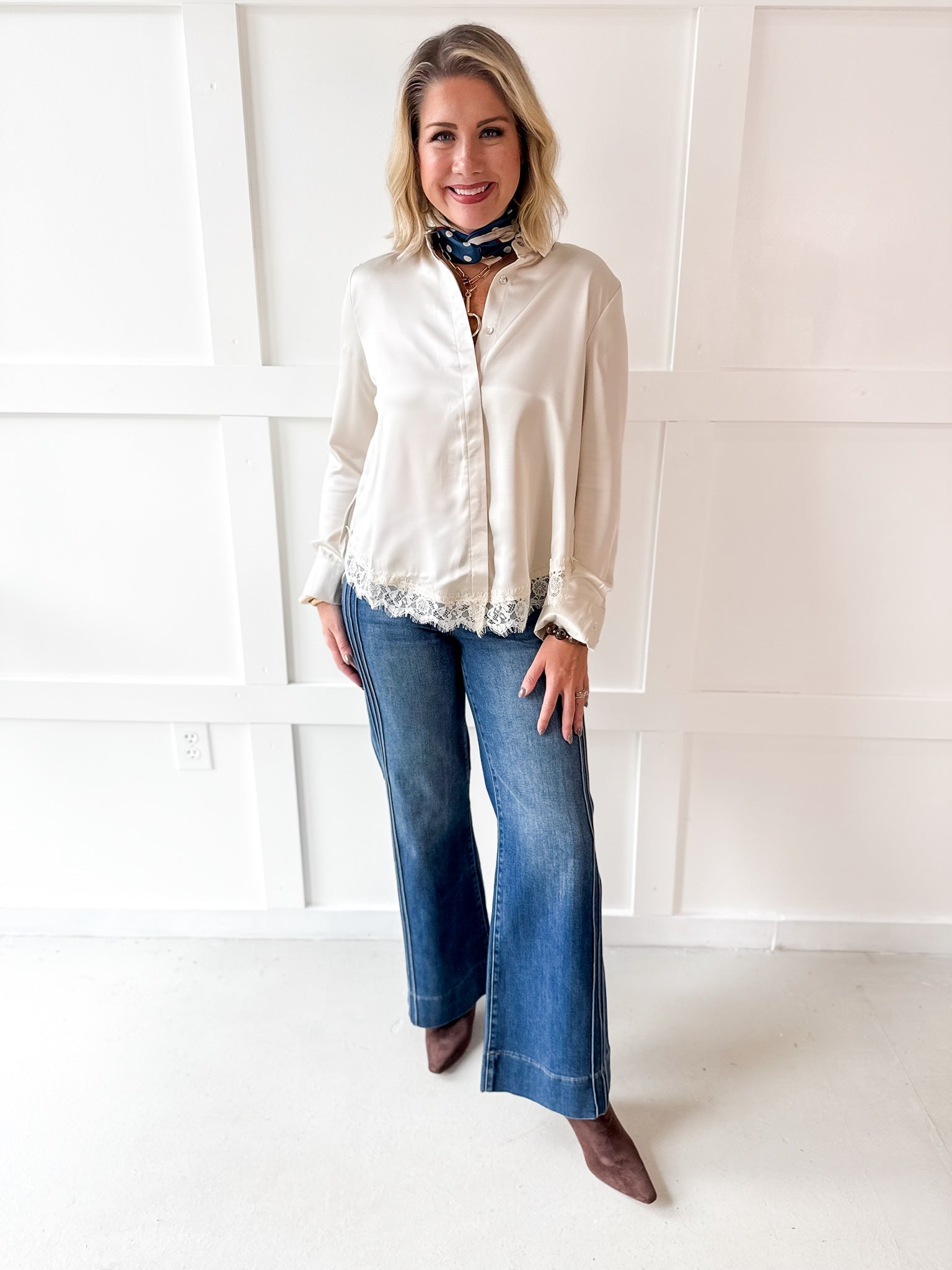 Lace Satin Effect Shirt- Ivory